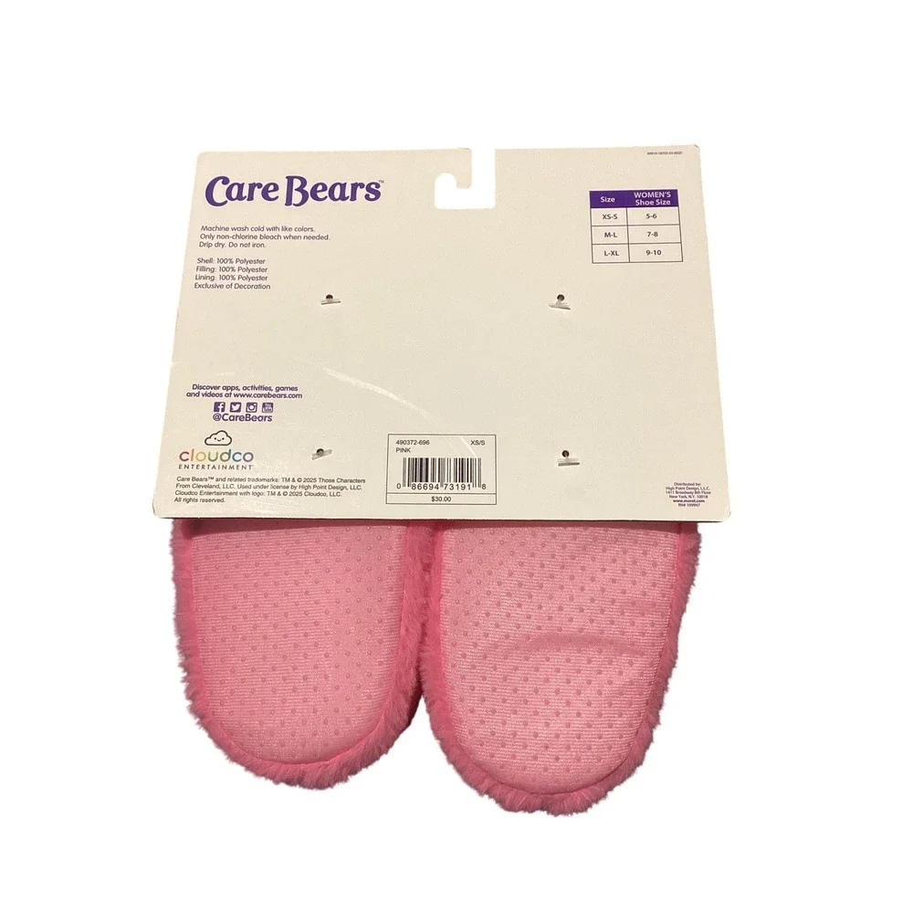 Care Bears Pink Plush Slippers Love-a-Lot Bear Faux Fur House Shoes XS-S 5-6